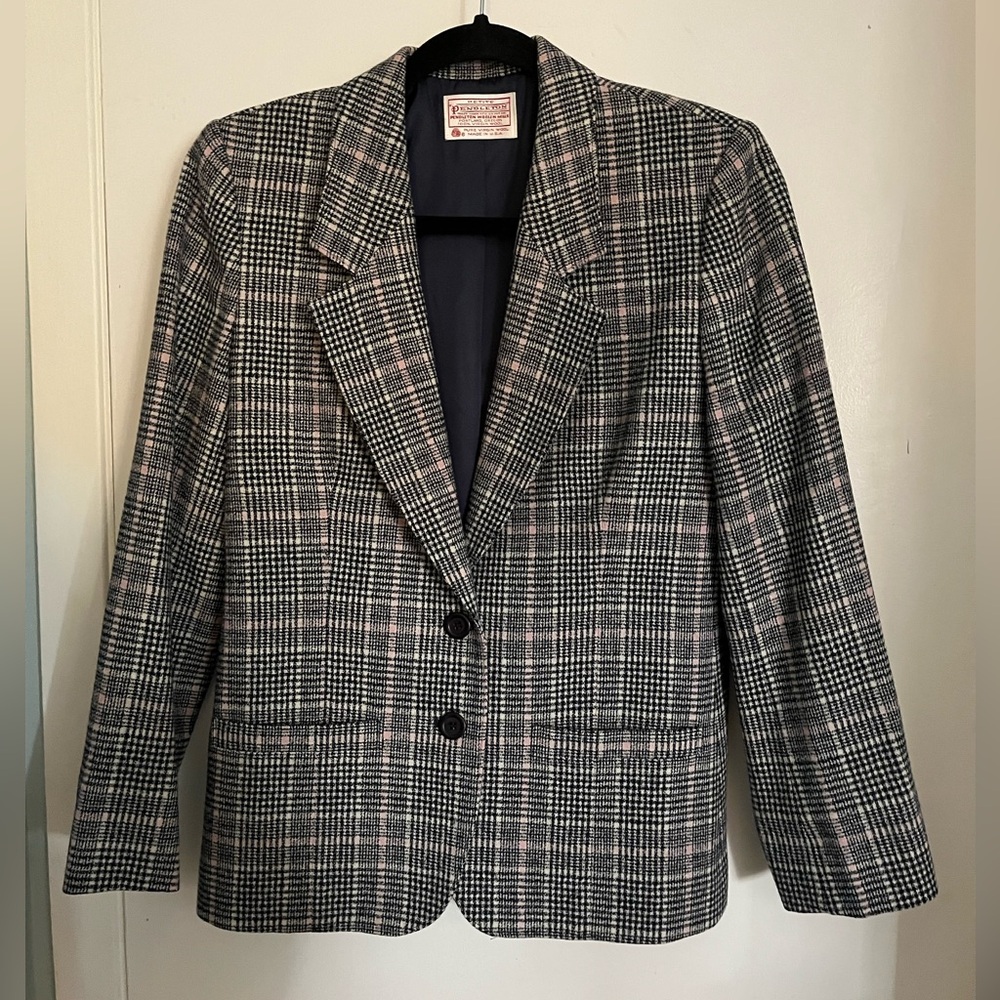 Pendleton Black & Pink Glen Plaid 100% Wool Blazer Jacket (Bust 39”)